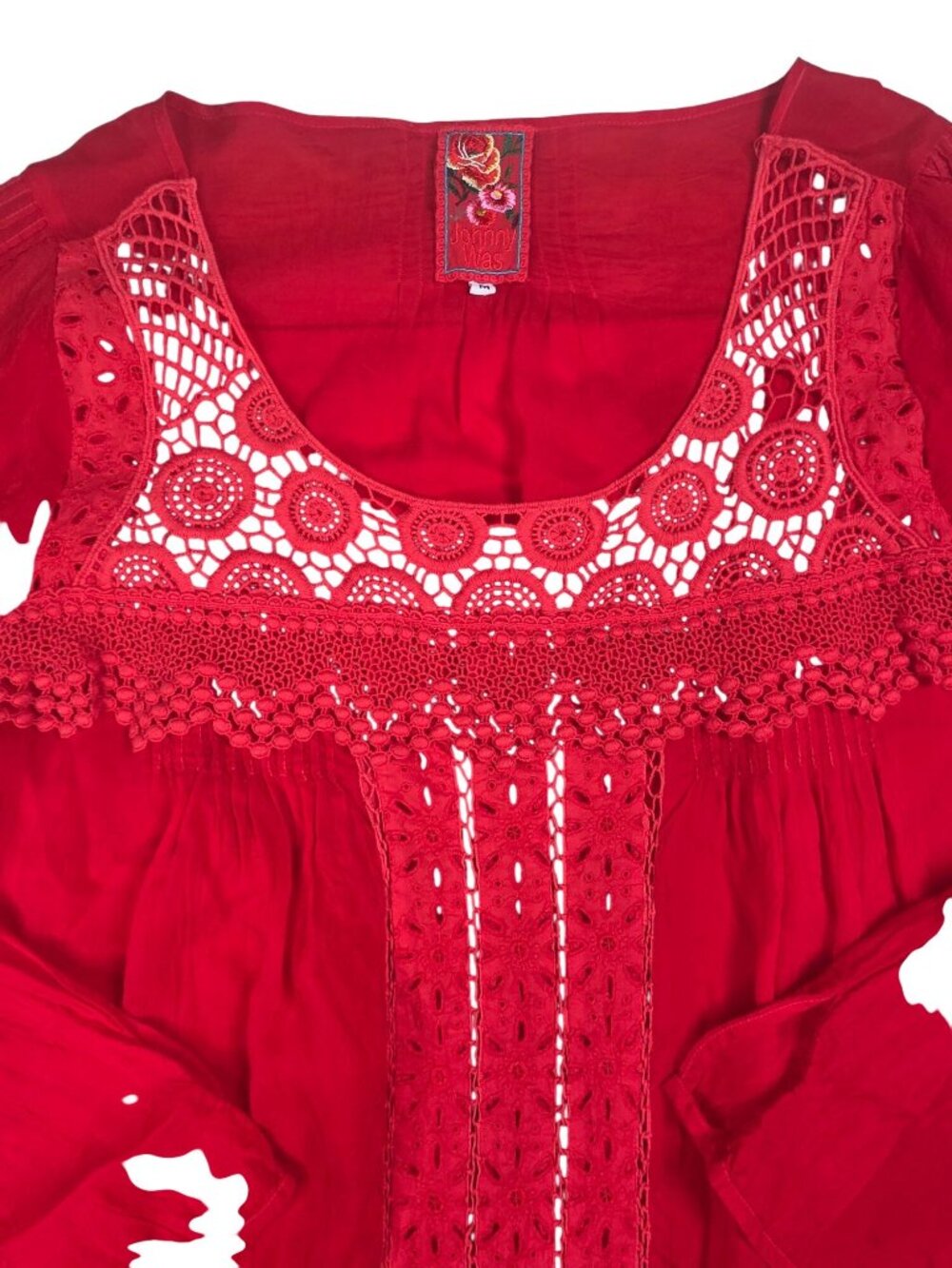 Johnny Was Red Crochet Embroidered Lightweight Boho Tunic Top Womens Medium